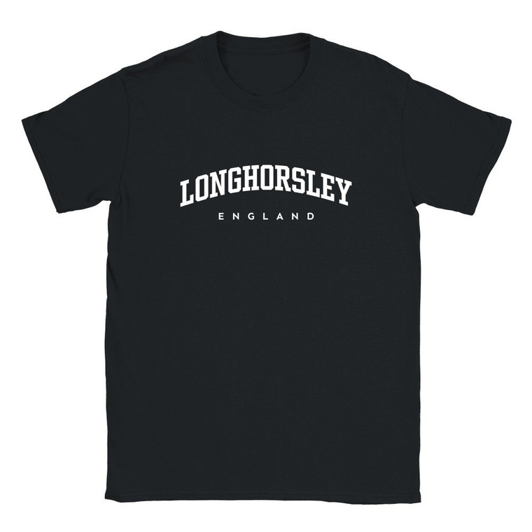 Longhorsley T Shirt which features white text centered on the chest which says the Village name Longhorsley in varsity style arched writing with England printed underneath.