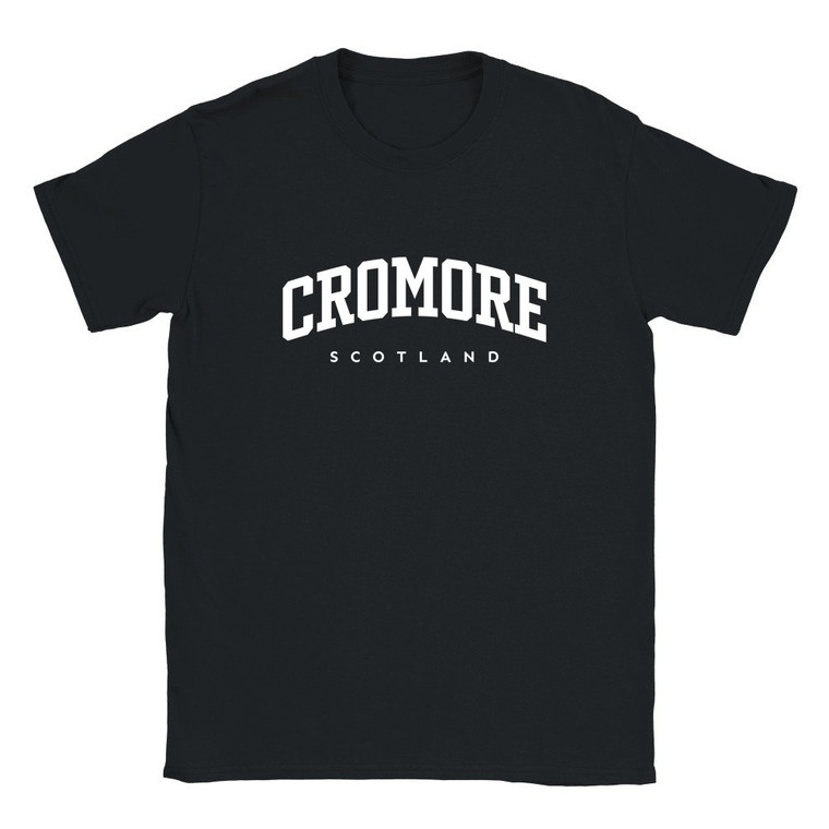 Cromore T Shirt which features white text centered on the chest which says the Village name Cromore in varsity style arched writing with Scotland printed underneath.