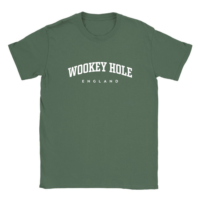 Wookey Hole T Shirt which features white text centered on the chest which says the Village name Wookey Hole in varsity style arched writing with England printed underneath.