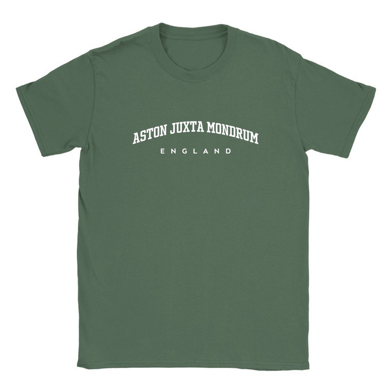 Aston juxta Mondrum T Shirt which features white text centered on the chest which says the Village name Aston juxta Mondrum in varsity style arched writing with England printed underneath.