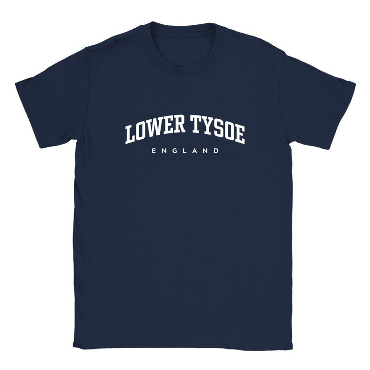 Lower Tysoe T Shirt which features white text centered on the chest which says the Village name Lower Tysoe in varsity style arched writing with England printed underneath.