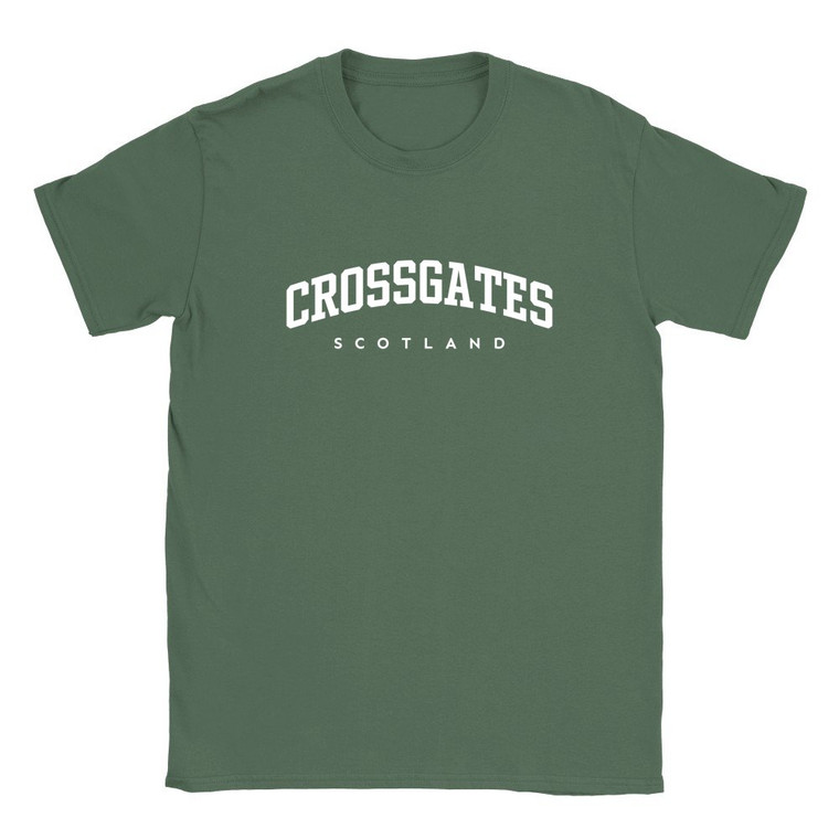 Crossgates T Shirt which features white text centered on the chest which says the Village name Crossgates in varsity style arched writing with Scotland printed underneath.