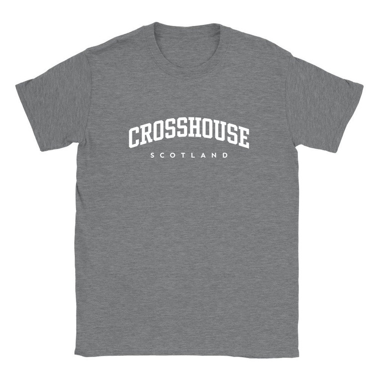 Crosshouse T Shirt which features white text centered on the chest which says the Village name Crosshouse in varsity style arched writing with Scotland printed underneath.