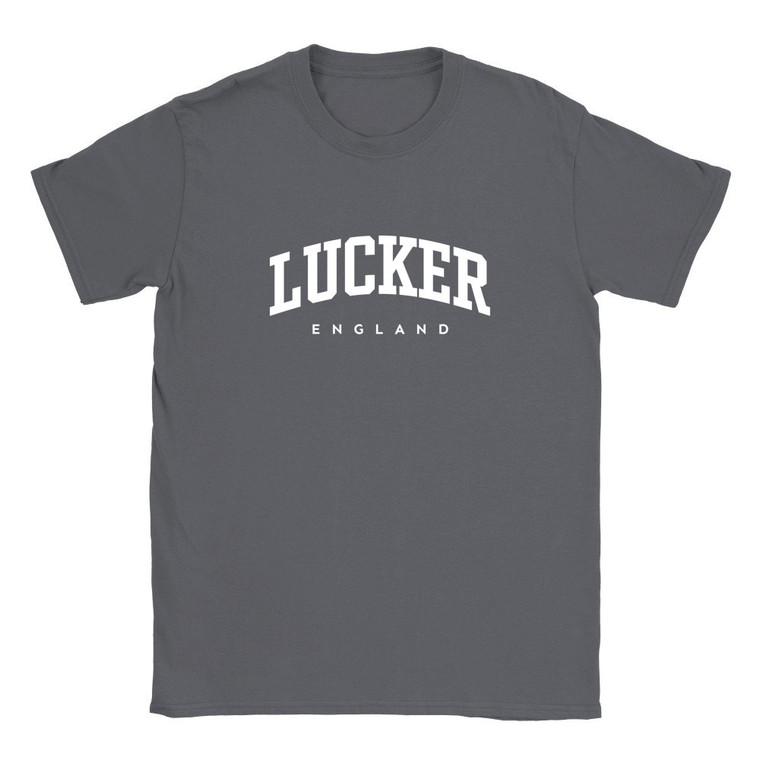 Lucker T Shirt which features white text centered on the chest which says the Village name Lucker in varsity style arched writing with England printed underneath.