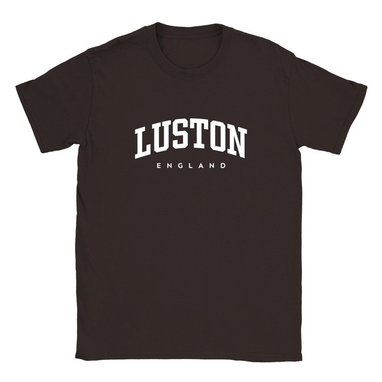 Luston T Shirt which features white text centered on the chest which says the Village name Luston in varsity style arched writing with England printed underneath.