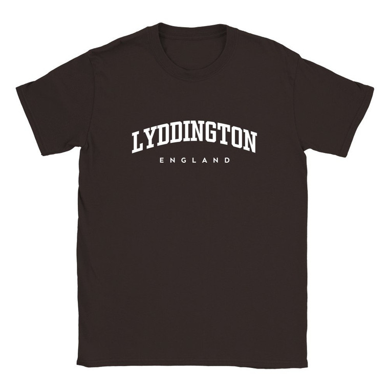 Lyddington T Shirt which features white text centered on the chest which says the Village name Lyddington in varsity style arched writing with England printed underneath.