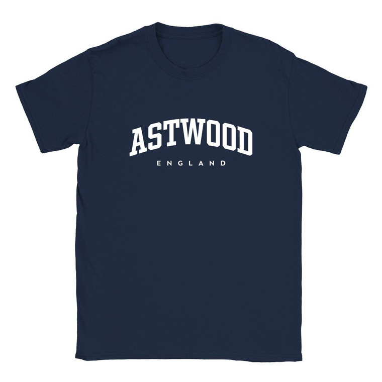 Astwood T Shirt which features white text centered on the chest which says the Village name Astwood in varsity style arched writing with England printed underneath.