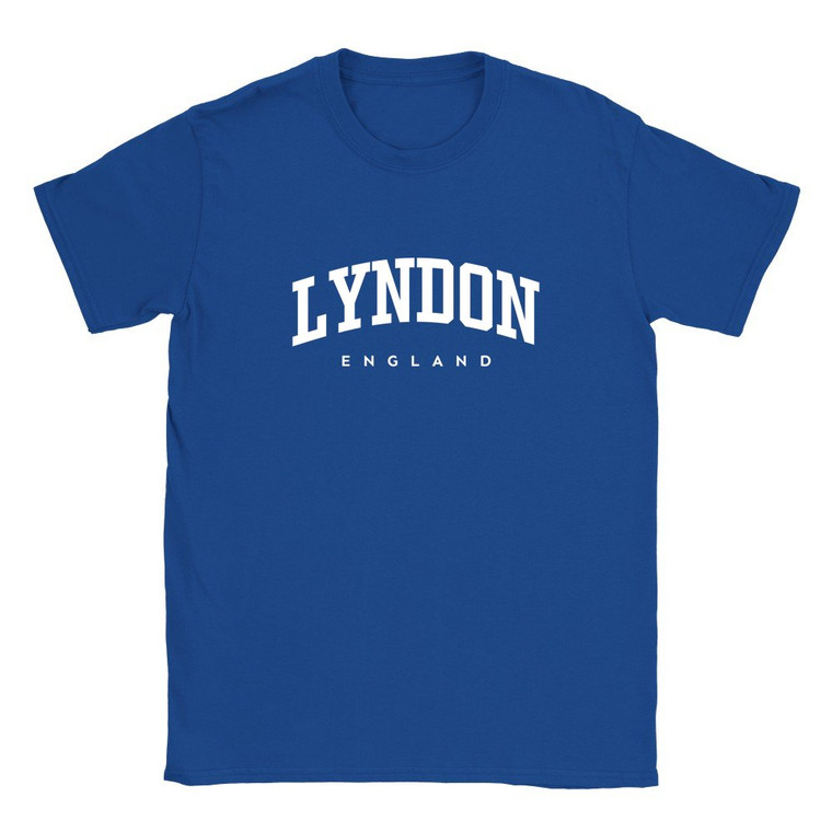 Lyndon T Shirt which features white text centered on the chest which says the Village name Lyndon in varsity style arched writing with England printed underneath.