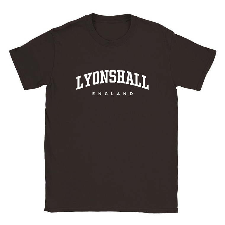 Lyonshall T Shirt which features white text centered on the chest which says the Village name Lyonshall in varsity style arched writing with England printed underneath.