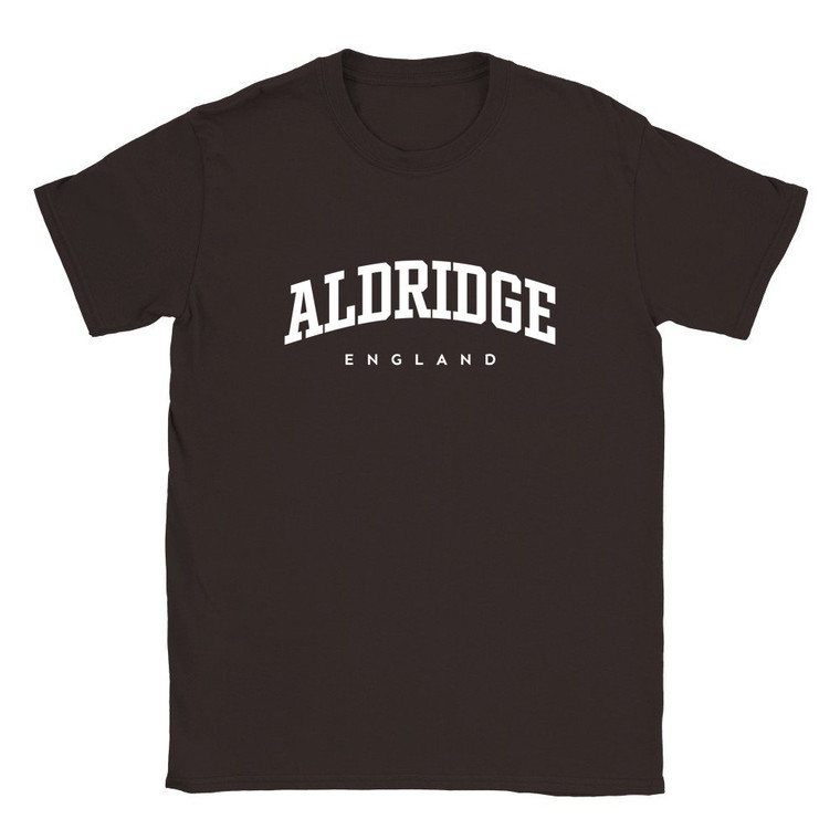 Aldridge T Shirt which features white text centered on the chest which says the Town name Aldridge in varsity style arched writing with England printed underneath.