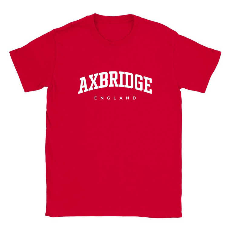 Axbridge T Shirt which features white text centered on the chest which says the Town name Axbridge in varsity style arched writing with England printed underneath.