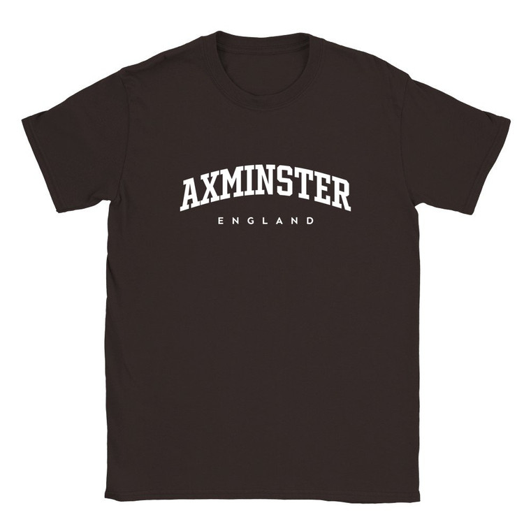 Axminster T Shirt which features white text centered on the chest which says the Town name Axminster in varsity style arched writing with England printed underneath.