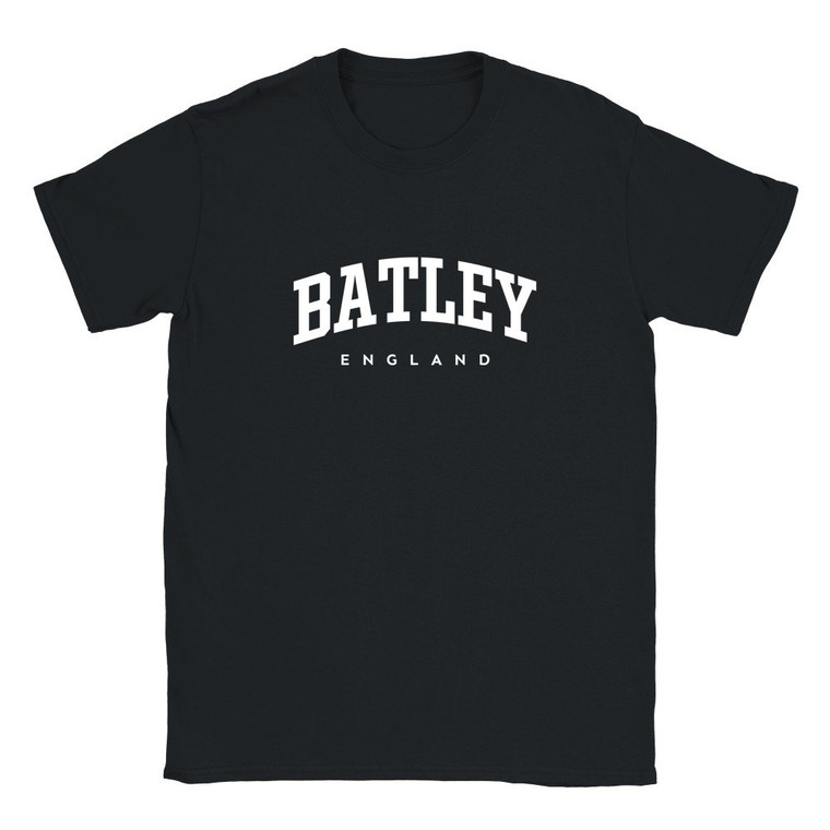 Batley T Shirt which features white text centered on the chest which says the Town name Batley in varsity style arched writing with England printed underneath.