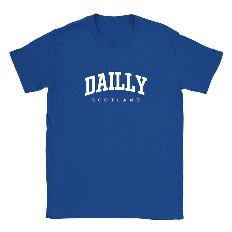 Dailly T Shirt which features white text centered on the chest which says the Village name Dailly in varsity style arched writing with Scotland printed underneath.