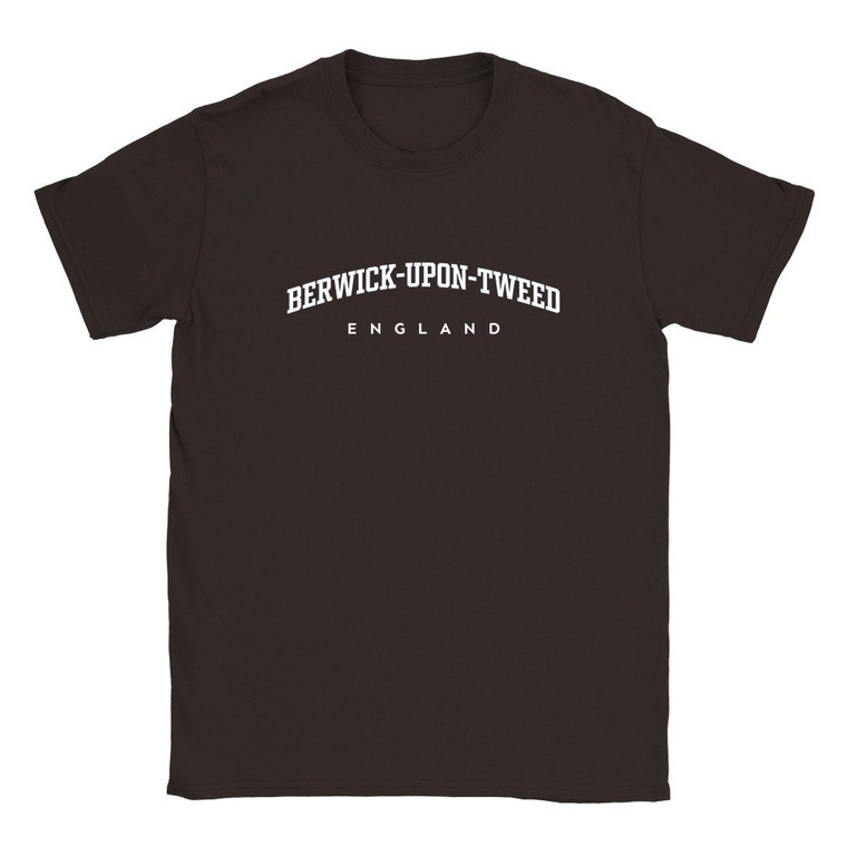 Berwick-upon-Tweed T Shirt which features white text centered on the chest which says the Town name Berwick-upon-Tweed in varsity style arched writing with England printed underneath.