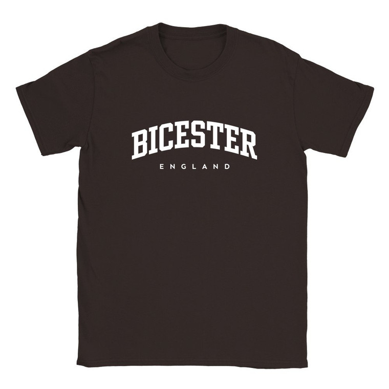 Bicester T Shirt which features white text centered on the chest which says the Town name Bicester in varsity style arched writing with England printed underneath.