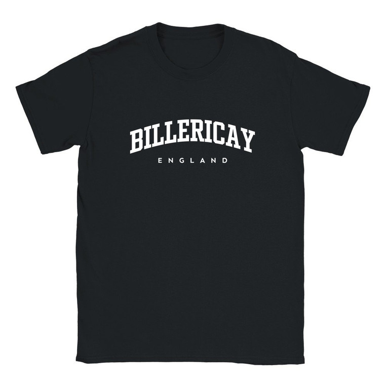 Billericay T Shirt which features white text centered on the chest which says the Town name Billericay in varsity style arched writing with England printed underneath.