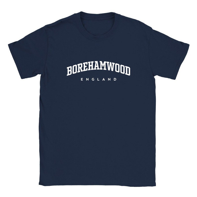Borehamwood T Shirt which features white text centered on the chest which says the Town name Borehamwood in varsity style arched writing with England printed underneath.