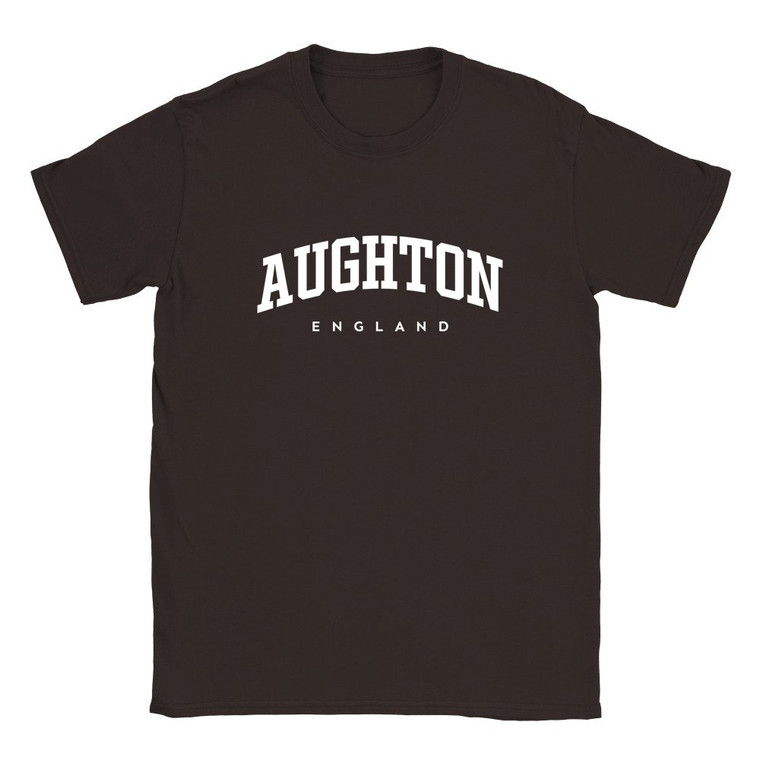 Aughton T Shirt which features white text centered on the chest which says the Village name Aughton in varsity style arched writing with England printed underneath.
