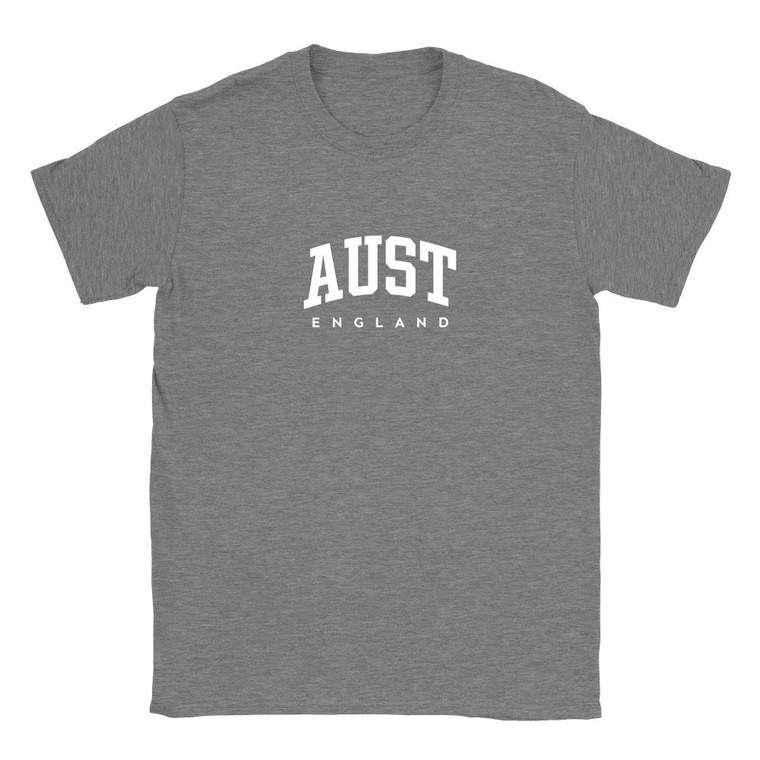 Aust T Shirt which features white text centered on the chest which says the Village name Aust in varsity style arched writing with England printed underneath.