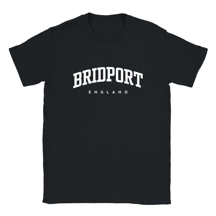 Bridport T Shirt which features white text centered on the chest which says the Town name Bridport in varsity style arched writing with England printed underneath.