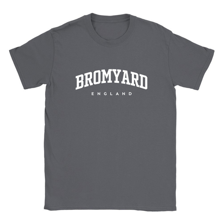 Bromyard T Shirt which features white text centered on the chest which says the Town name Bromyard in varsity style arched writing with England printed underneath.