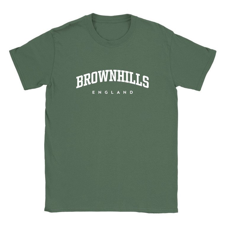 Brownhills T Shirt which features white text centered on the chest which says the Town name Brownhills in varsity style arched writing with England printed underneath.