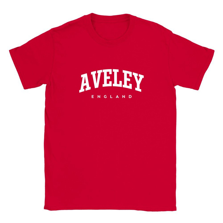 Aveley T Shirt which features white text centered on the chest which says the Village name Aveley in varsity style arched writing with England printed underneath.