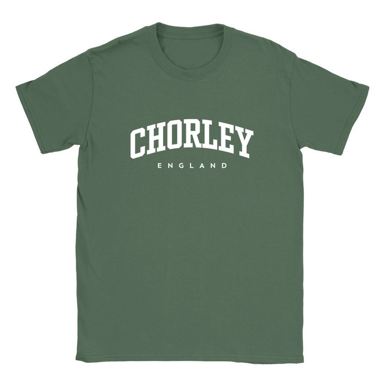 Chorley T Shirt which features white text centered on the chest which says the Town name Chorley in varsity style arched writing with England printed underneath.