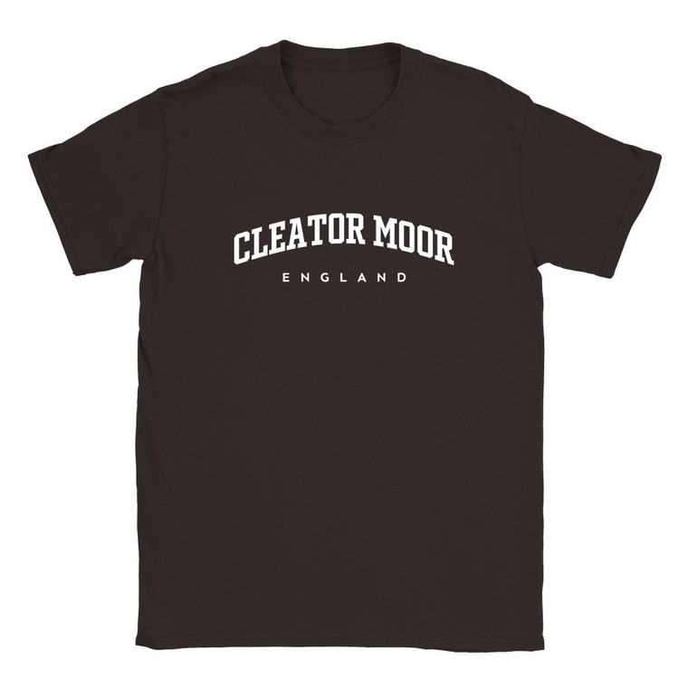 Cleator Moor T Shirt which features white text centered on the chest which says the Town name Cleator Moor in varsity style arched writing with England printed underneath.