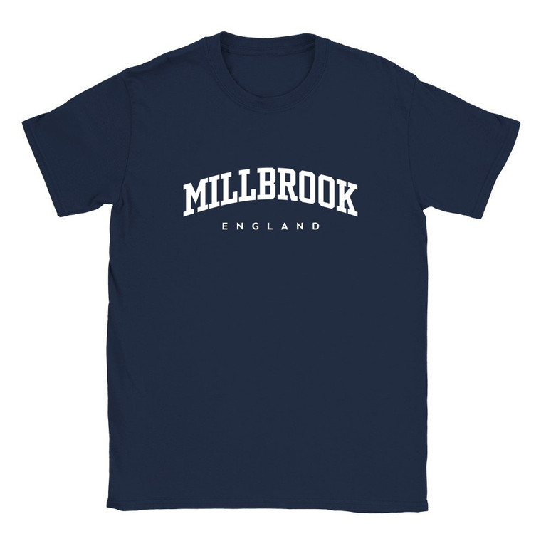 Millbrook T Shirt which features white text centered on the chest which says the Village name Millbrook in varsity style arched writing with England printed underneath.