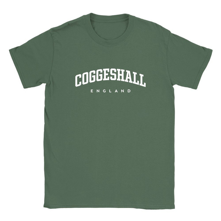 Coggeshall T Shirt which features white text centered on the chest which says the Town name Coggeshall in varsity style arched writing with England printed underneath.