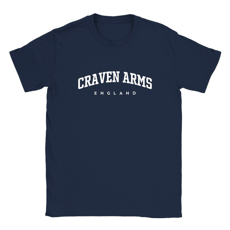 Craven Arms T Shirt which features white text centered on the chest which says the Town name Craven Arms in varsity style arched writing with England printed underneath.