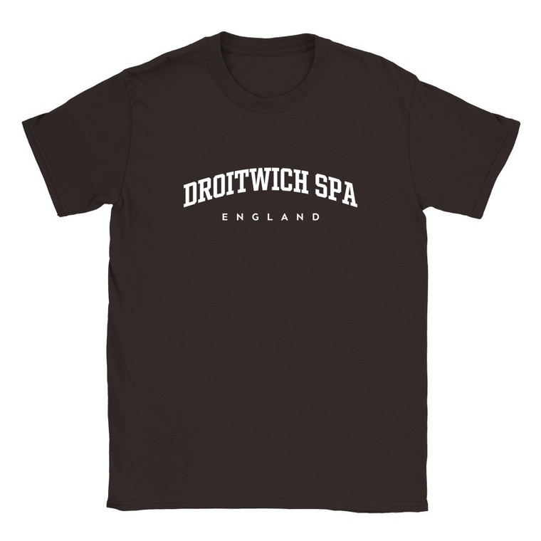 Droitwich Spa T Shirt which features white text centered on the chest which says the Town name Droitwich Spa in varsity style arched writing with England printed underneath.