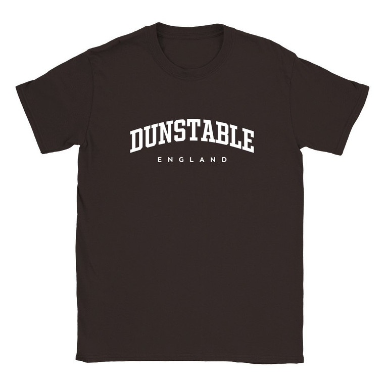 Dunstable T Shirt which features white text centered on the chest which says the Town name Dunstable in varsity style arched writing with England printed underneath.