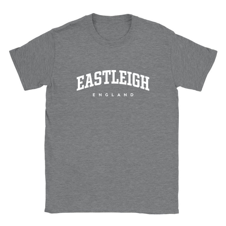 Eastleigh T Shirt which features white text centered on the chest which says the Town name Eastleigh in varsity style arched writing with England printed underneath.