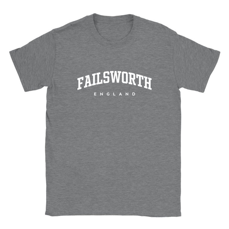 Failsworth T Shirt which features white text centered on the chest which says the Town name Failsworth in varsity style arched writing with England printed underneath.
