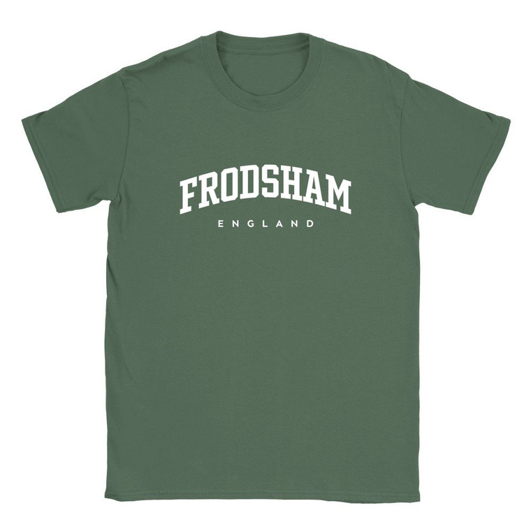 Frodsham T Shirt which features white text centered on the chest which says the Town name Frodsham in varsity style arched writing with England printed underneath.