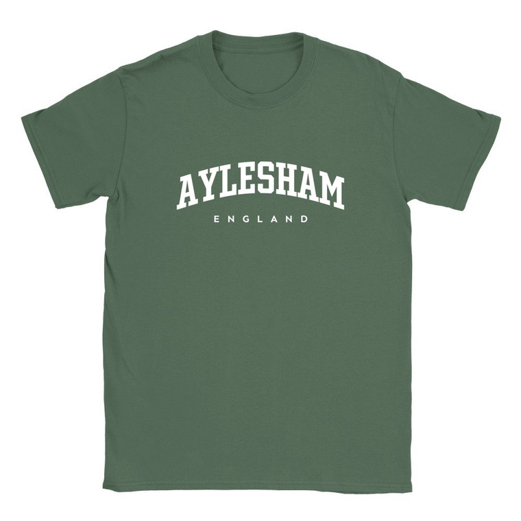 Aylesham T Shirt which features white text centered on the chest which says the Village name Aylesham in varsity style arched writing with England printed underneath.