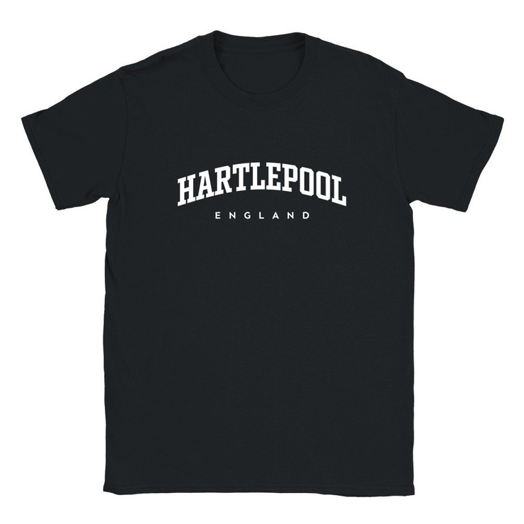 Hartlepool T Shirt which features white text centered on the chest which says the Town name Hartlepool in varsity style arched writing with England printed underneath.