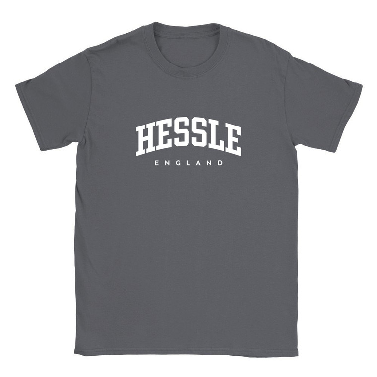 Hessle T Shirt which features white text centered on the chest which says the Town name Hessle in varsity style arched writing with England printed underneath.