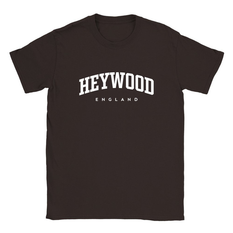 Heywood T Shirt which features white text centered on the chest which says the Town name Heywood in varsity style arched writing with England printed underneath.