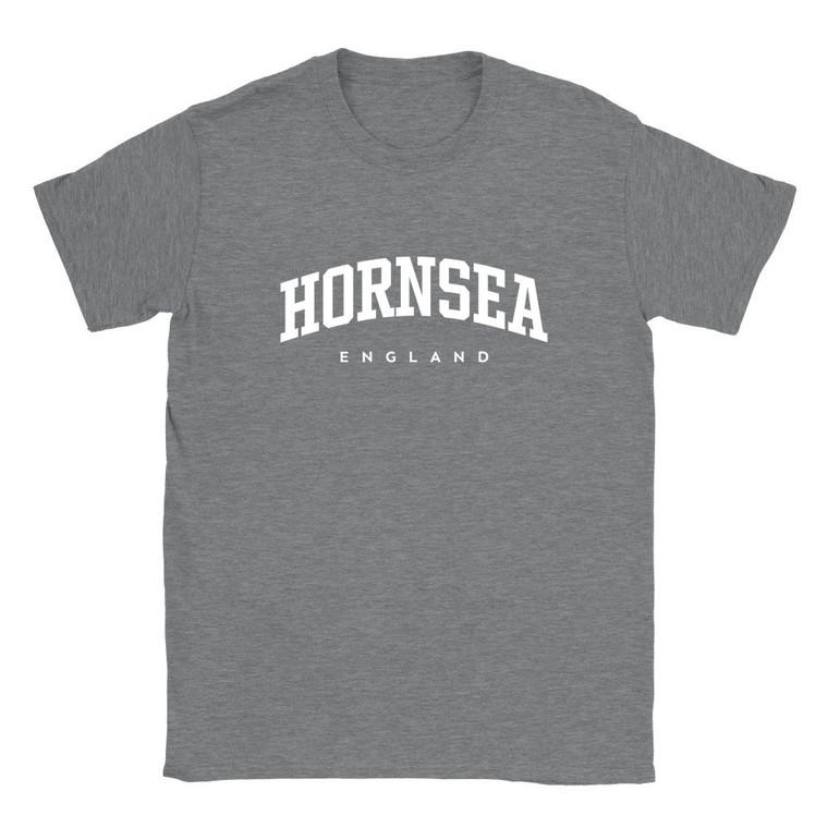 Hornsea T Shirt which features white text centered on the chest which says the Town name Hornsea in varsity style arched writing with England printed underneath.