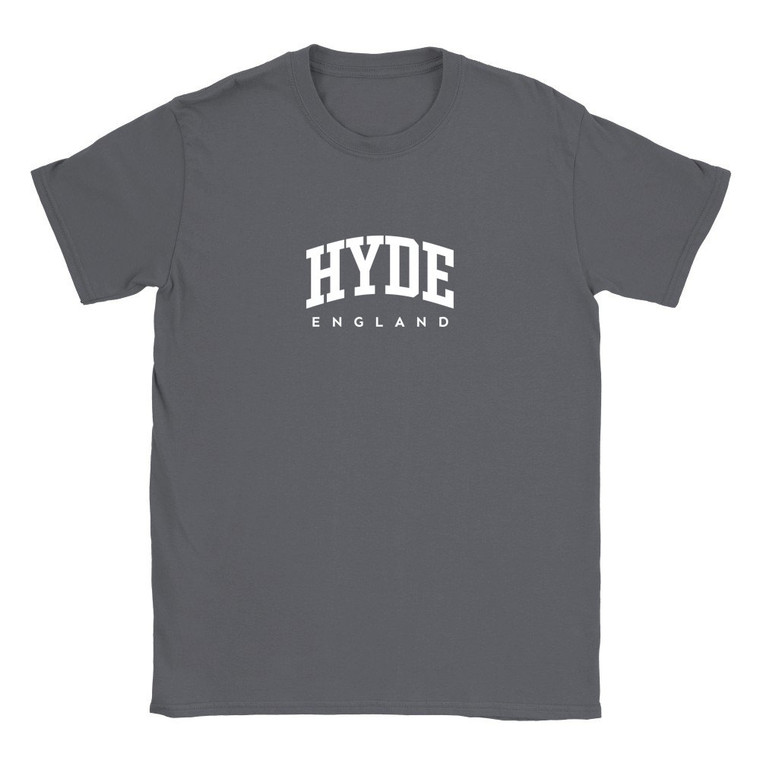 Hyde T Shirt which features white text centered on the chest which says the Town name Hyde in varsity style arched writing with England printed underneath.