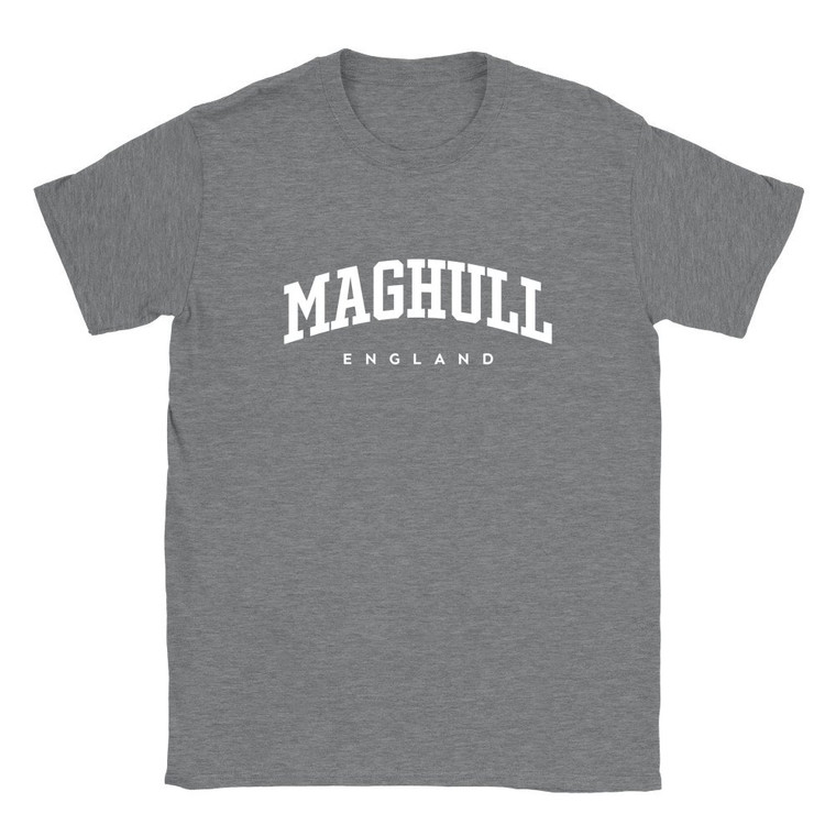 Maghull T Shirt which features white text centered on the chest which says the Town name Maghull in varsity style arched writing with England printed underneath.