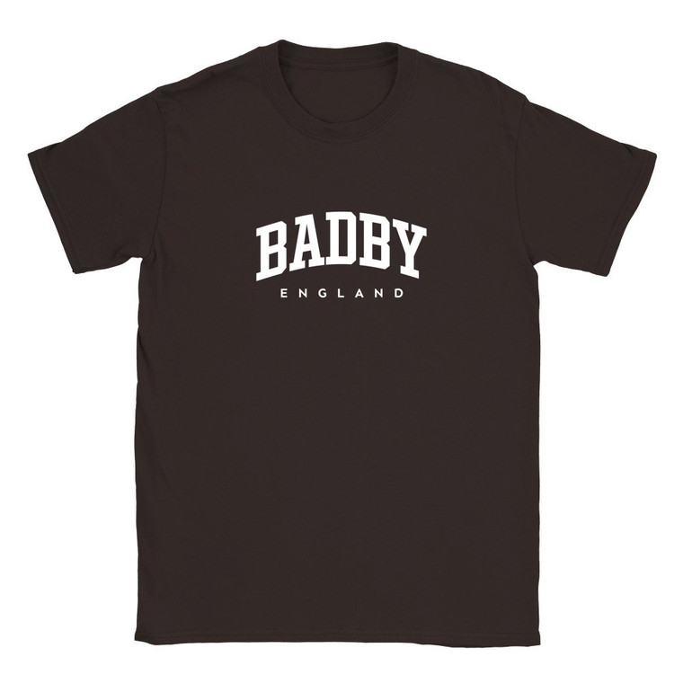 Badby T Shirt which features white text centered on the chest which says the Village name Badby in varsity style arched writing with England printed underneath.