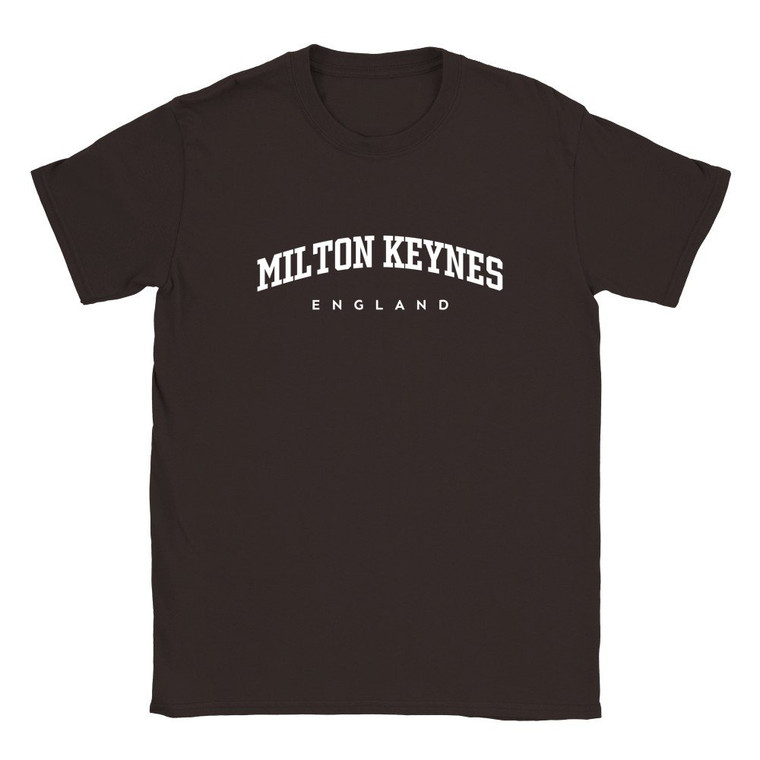 Milton Keynes T Shirt which features white text centered on the chest which says the Town name Milton Keynes in varsity style arched writing with England printed underneath.