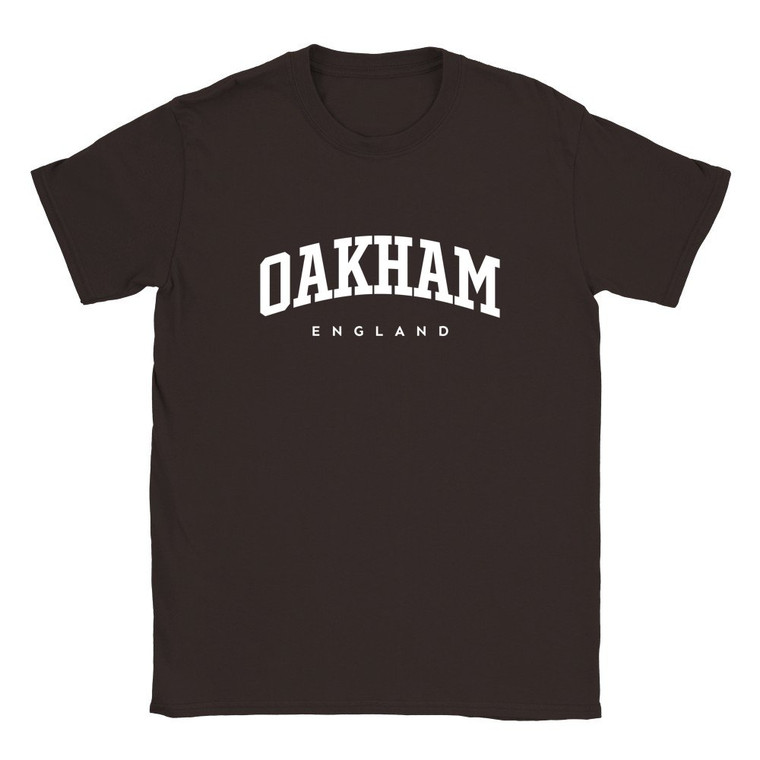 Oakham T Shirt which features white text centered on the chest which says the Town name Oakham in varsity style arched writing with England printed underneath.