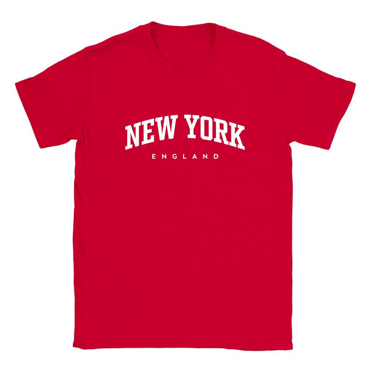 New York T Shirt which features white text centered on the chest which says the Village name New York in varsity style arched writing with England printed underneath.