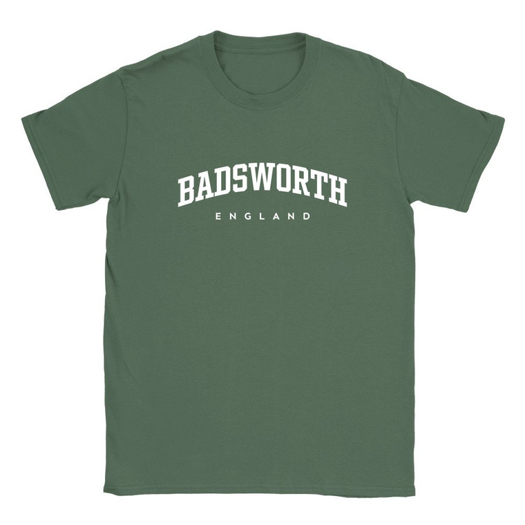 Badsworth T Shirt which features white text centered on the chest which says the Village name Badsworth in varsity style arched writing with England printed underneath.